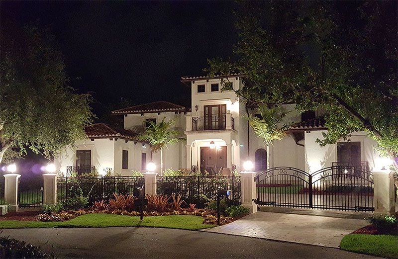 Home Front Yard with LED Lighting. Residential Outdoor Lighting