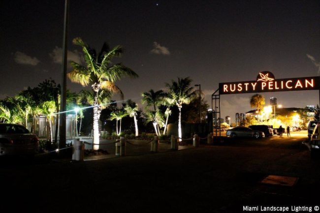 Commercial Outdoor LED Lighting. Rusty Pelican Restaurant, Key Biscayne, FL. Outdoor lighting of the Rusty Pelican Restaurant at night. Key Biscayne, FL